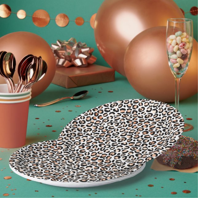 White Peach Black Leopard Print       Paper Plates (Multi)