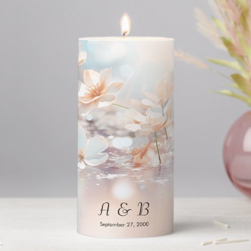 White Peach Floral Pillar Candle