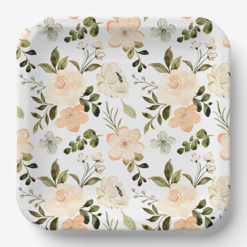 White Peach Floral Shower Birthday Party Paper Plates