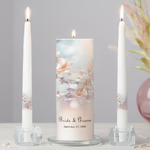 White Peach Floral Unity Candle Set