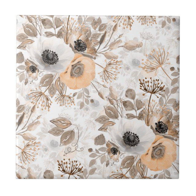 White, peach flowers, elegant ceramic tile (Front)
