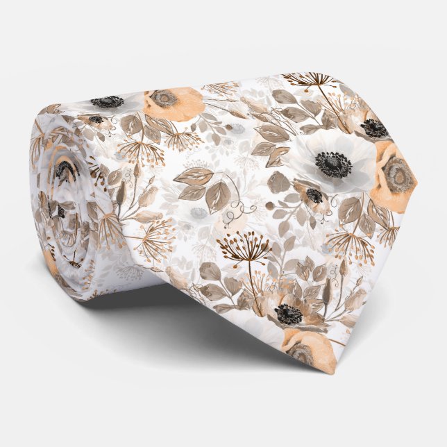 White, peach flowers, elegant neck tie (Rolled)