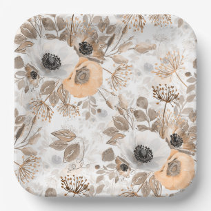 White, peach flowers, elegant paper plates