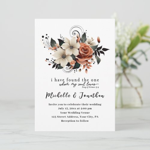White Peach Grey Floral Bible Christian Wedding Invitation