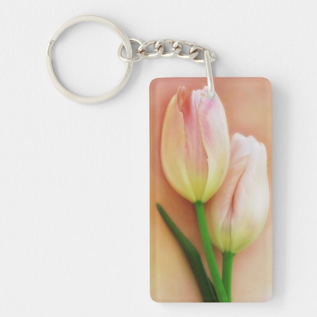 White, Peach, & Pink Tulips Background Customized Keychain (Front)
