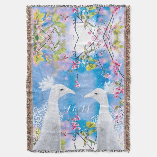 White peacock and blooming sakura /customizable throw blanket (Front Vertical)