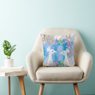 White peacock and blooming sakura / Romantic love Throw Pillow