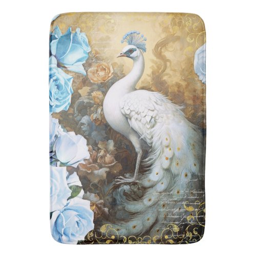 White Peacock and Blue Roses Bath Mat