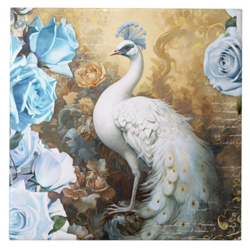 White Peacock and Blue Roses Ceramic Tile