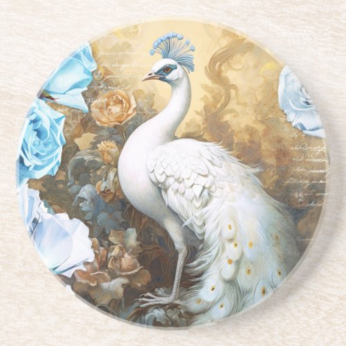 White Peacock and Blue Roses Coaster