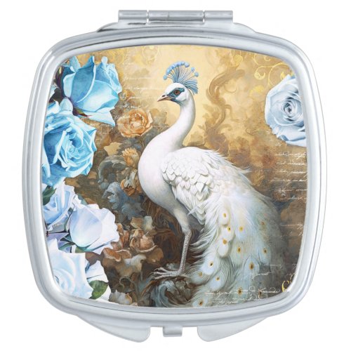 White Peacock and Blue Roses Compact Mirror