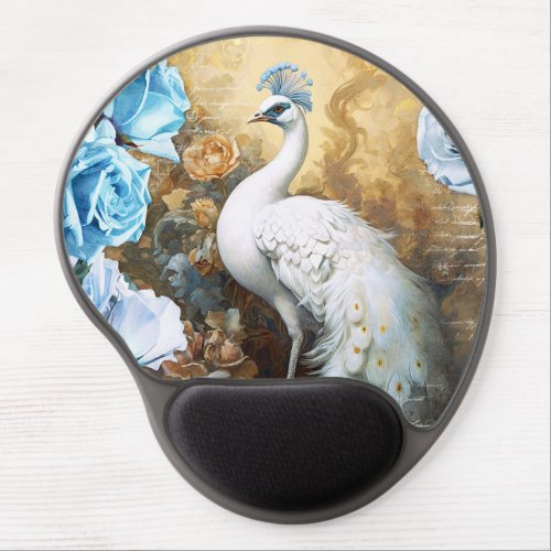White Peacock and Blue Roses Gel Mouse Pad