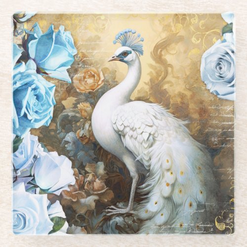 White Peacock and Blue Roses Glass Coaster