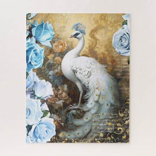 White Peacock and Blue Roses Jigsaw Puzzle