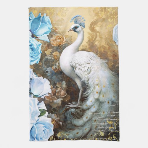 White Peacock and Blue Roses Kitchen Towel