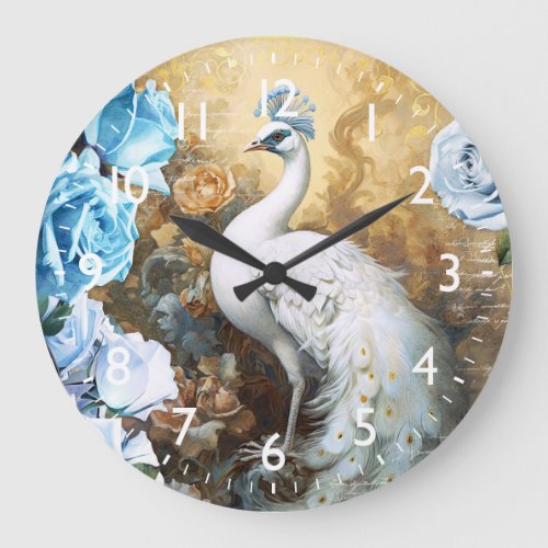 White Peacock and Blue Roses Large Clock