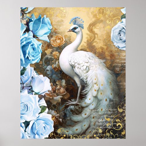 White Peacock and Blue Roses Poster