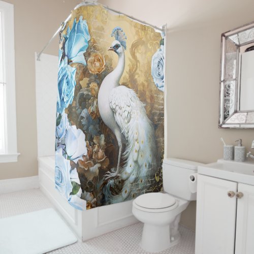 White Peacock and Blue Roses Shower Curtain