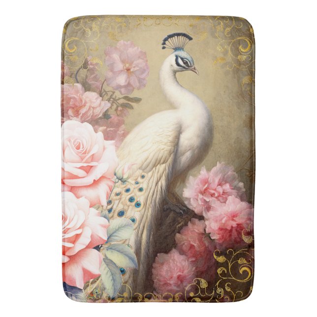 White Peacock and Pink Flowers Bath Mat (Front Vertical)