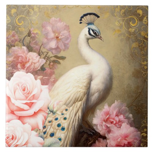 White Peacock and Pink Flowers Ceramic Tile