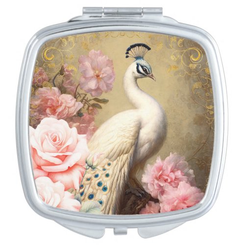 White Peacock and Pink Flowers Compact Mirror