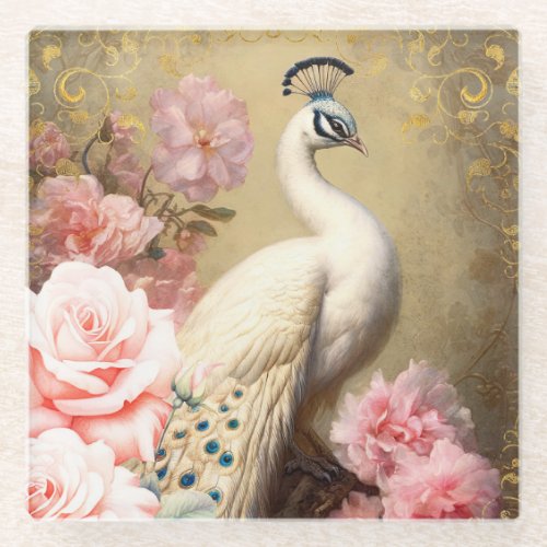 White Peacock and Pink Flowers Glass Coaster