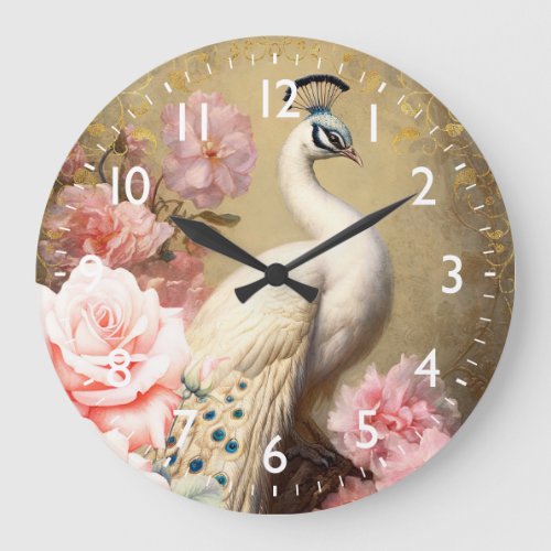 White Peacock and Pink Flowers Large Clock