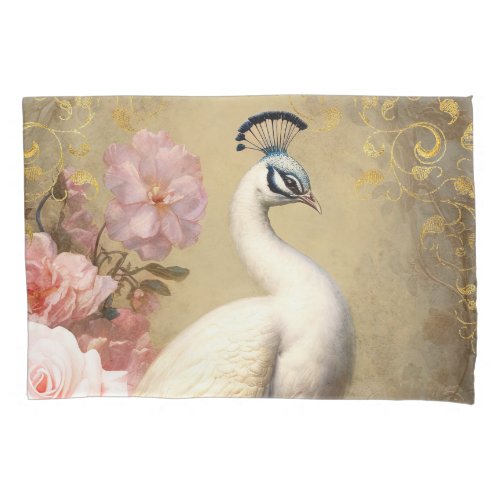 White Peacock and Pink Flowers Pillow Case