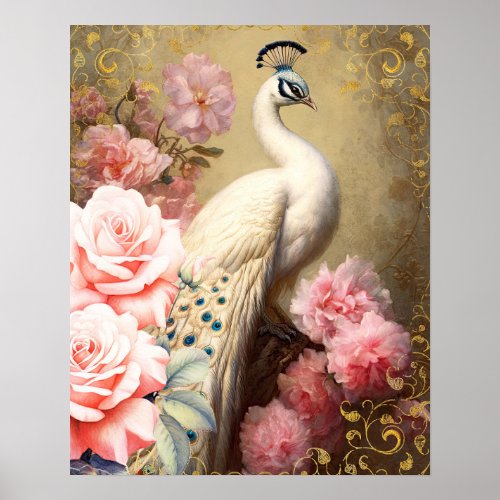 White Peacock and Pink Flowers Poster