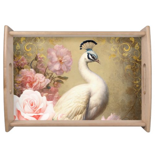 White Peacock and Pink Flowers Serving Tray