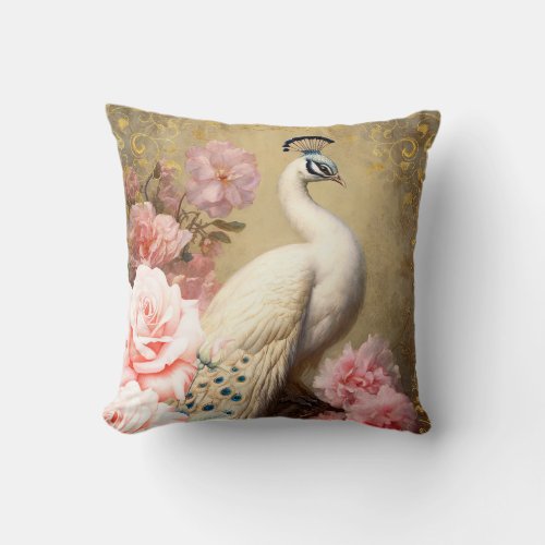 White Peacock and Pink Flowers Throw Pillow