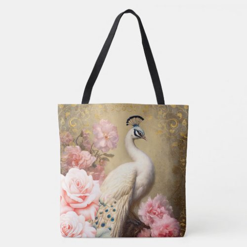 White Peacock and Pink Flowers Tote Bag