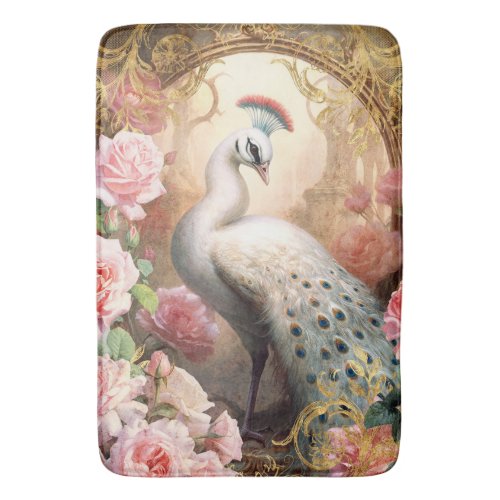 White Peacock and Pink Roses Bath Mat