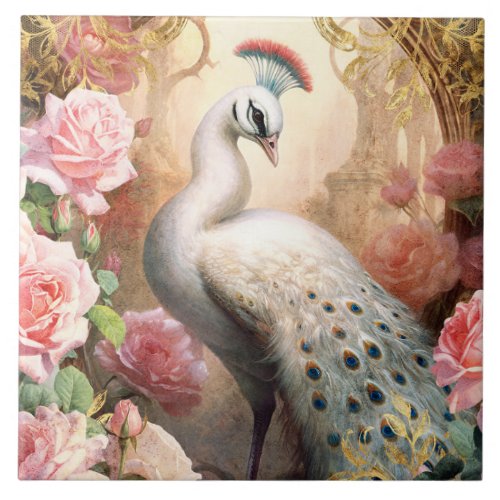 White Peacock and Pink Roses Ceramic Tile