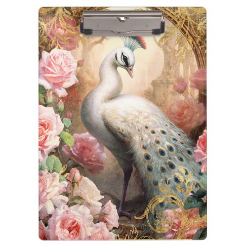 White Peacock and Pink Roses Clipboard