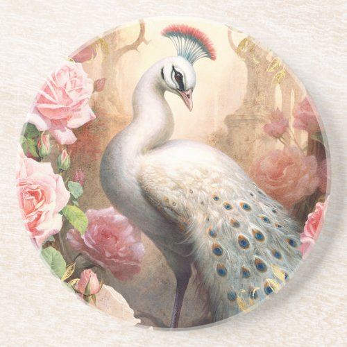 White Peacock and Pink Roses Coaster