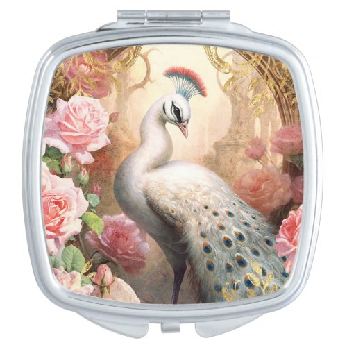 White Peacock and Pink Roses Compact Mirror