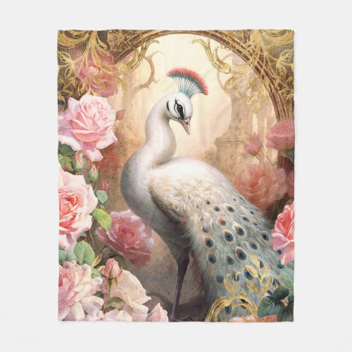 White Peacock and Pink Roses Fleece Blanket