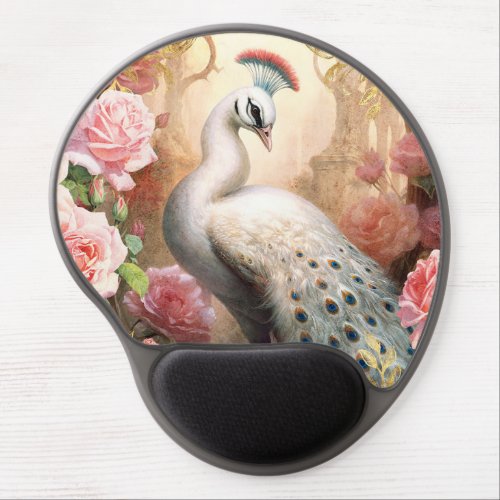 White Peacock and Pink Roses Gel Mouse Pad