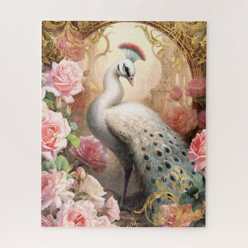 White Peacock and Pink Roses Jigsaw Puzzle