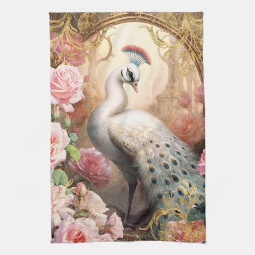 White Peacock and Pink Roses Kitchen Towel