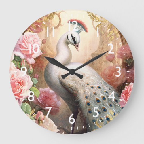 White Peacock and Pink Roses Large Clock