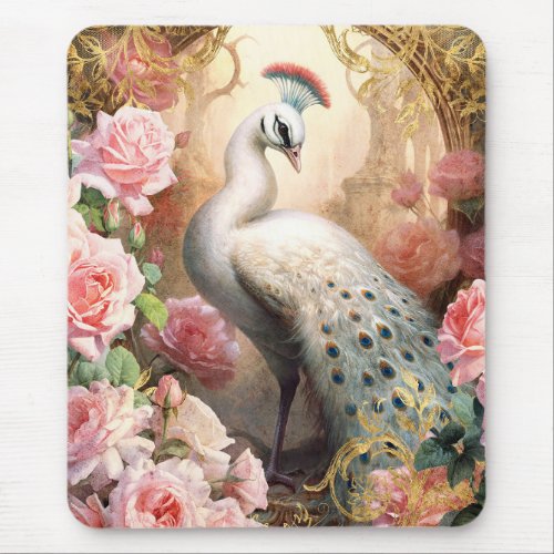 White Peacock and Pink Roses Mouse Pad