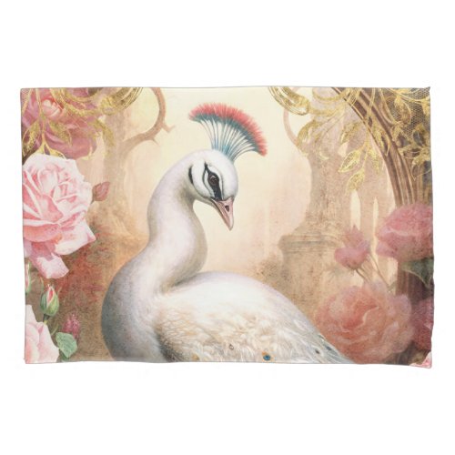 White Peacock and Pink Roses Pillow Case
