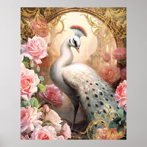 White Peacock and Pink Roses Poster