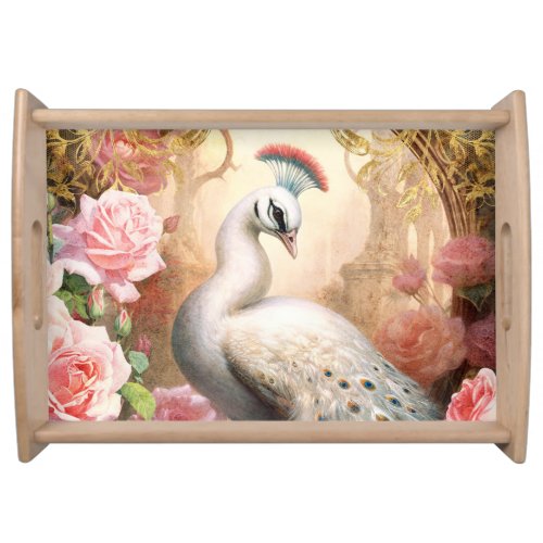 White Peacock and Pink Roses Serving Tray