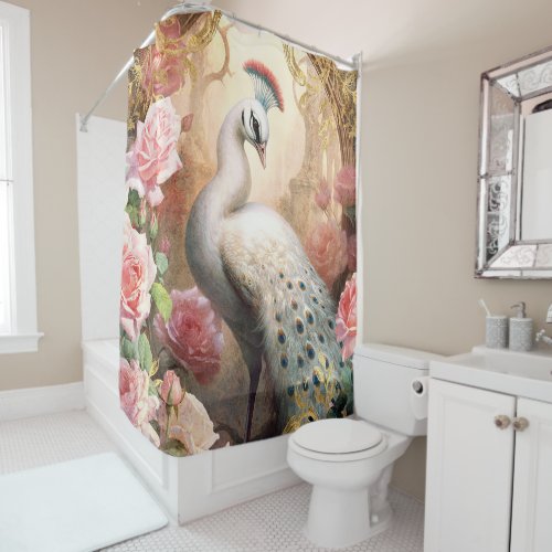 White Peacock and Pink Roses Shower Curtain