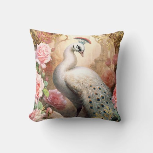 White Peacock and Pink Roses Throw Pillow