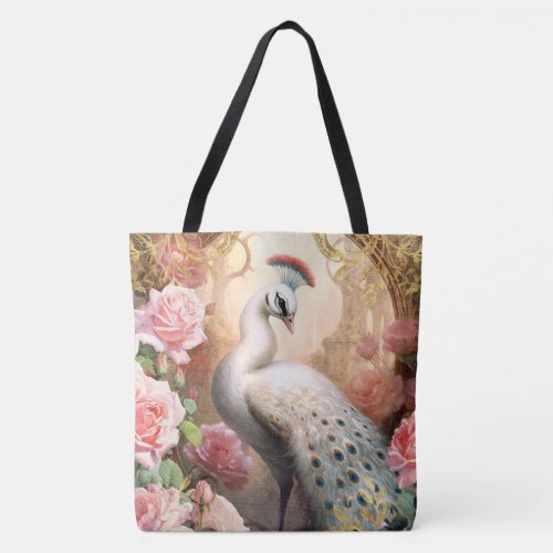 White Peacock and Pink Roses Tote Bag