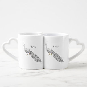White peacock bird cartoon illustration coffee mug set